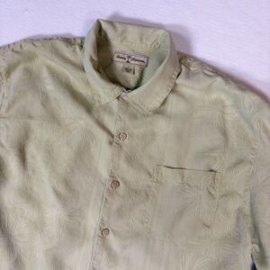 Tommy Bahama Mens L Green Silk Jacquard Tropical Leaf Floral Camp Shirt